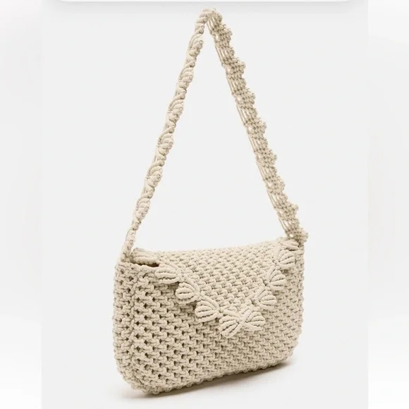 Last one🚨 Zara Macrame Knit Shell Cotton Shoulder Bag Handbag Purse Cream NWT - Picture 5 of 16